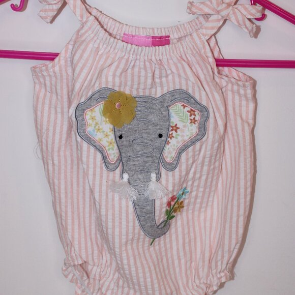 Goodlad, Pinstripe Romper, Pink White Striped Elephant Applique, Size 9 Months, - Picture 2 of 4